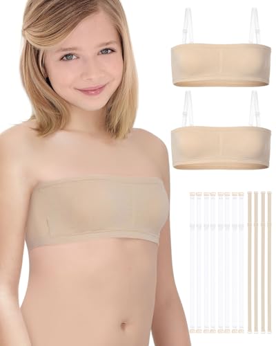 iMucci Bandeau-BH für Mädchen, nahtlos, transparent, Trainings-BHs für Mädchen, Sport-BHs mit verstellbaren transparenten Trägern, 7–16 Jahre, 2er-Pack, Beige, 14-16 Jahre von iMucci