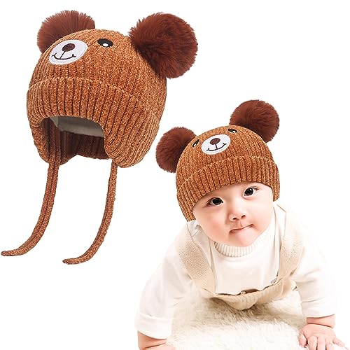 iNelihoo Baby Mütze Beanie Strickmütze Niedlich Bär Wintermütze mit Bommel Fleecefutter Beanie Mütze Ohrenschützer Hut Kleinkind Verdicken Warme Plüsh Gefüttert Mütze für 0-5 Jahre Jungen Mädchen von iNelihoo