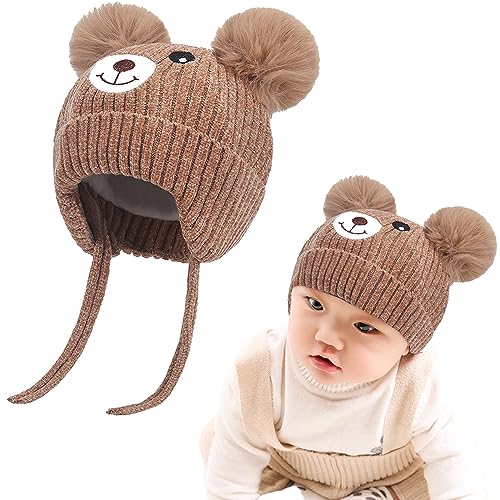 iNelihoo Baby Mütze Beanie Strickmütze Niedlich Bär Wintermütze mit Bommel Fleecefutter Beanie Mütze Ohrenschützer Hut Kleinkind Verdicken Warme Plüsh Gefüttert Mütze für 0-5 Jahre Jungen Mädchen von iNelihoo