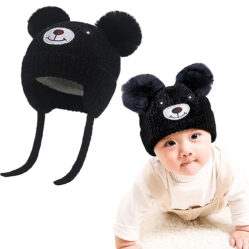 Baby Wintermütze mit Ohrenklappen Kinder Beanie Strickmütze Niedlich Bär Wintermütze mit Bommel Fleecefutter Beanie Kleinkind Verdicken Warme Plüsh Gefüttert Mütze für 0-5 Jahre Jungen Mädchen von iNelihoo
