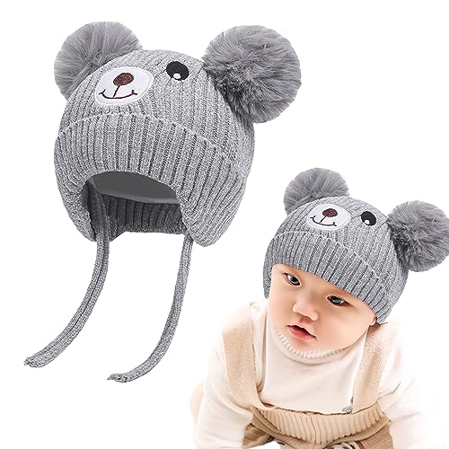 Baby Wintermütze mit Ohrenklappen Kinder Beanie Strickmütze Niedlich Bär Wintermütze mit Bommel Fleecefutter Beanie Kleinkind Verdicken Warme Plüsh Gefüttert Mütze für 0-5 Jahre Jungen Mädchen von iNelihoo