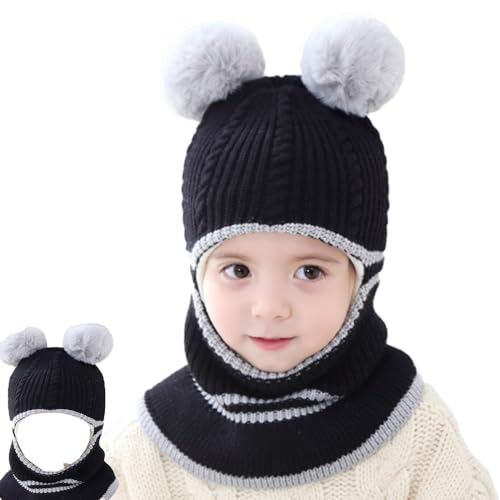 Baby Wintermütze Mütze und Schal Set Bommelmütze Strickmütze mit Pompom Kinder Schalmütze Fleecefutter Strickmütze Thermische Kapuzenschal für Jungen Mädchen 2-5 Jahre von iNelihoo