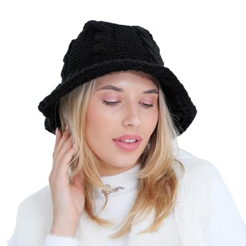 iNelihoo Frauen Häkeln Eimer Hüte Winter Strickmütze Warm handgefertigt Bucket Hüte Vintage Bowler Hut Faltbarer Knautschhut Elegant Fischerhut Herbst Camping Reisen Wandern Blumenkappe von iNelihoo