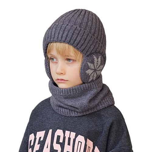 iNelihoo Kinder Wintermütze Earflap Beanie und Schal Set Strickmützen mit Fleecefutter Warm Niedlich Ohrenschützer Hut Kleinkind Warme Plüsh Mütze Schal Baumwollkaps für Jungen Mädchen 4-10 Jahre von iNelihoo