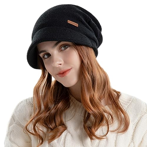 Damen Beanie Hut Winter Warme Strickmützen Weiches Fleece Slouchy Klassische Jersey Beanies Breite Krempe Barette Hut für Damen Mädchen, Chunky Mützen Chemo Hüte für Krebspatienten Haarausfal von iNszkoos