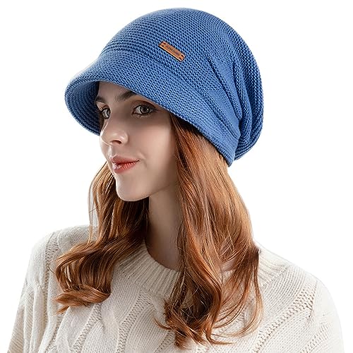 Damen Beanie Hut Winter Warme Strickmützen Weiches Fleece Slouchy Klassische Jersey Beanies Breite Krempe Barette Hut für Damen Mädchen, Chunky Mützen Chemo Hüte für Krebspatienten Haarausfal von iNszkoos