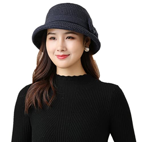 Damen Winter Wollfilz Mütze Vintage Cloche Hüte Derby Kleid Hüte Klassisch Fedora Hut Bowler Kirche Hüte Fischerhut Herbst Eleganter Breite Krempe Schlapphut mit Schöner Fliege für Mädchen Frauen von iNszkoos