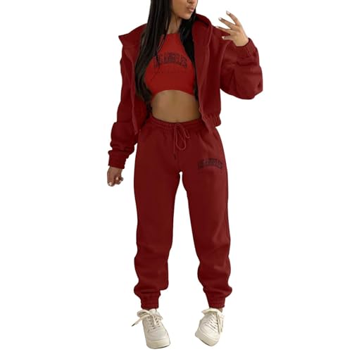 Lammfellmantel Damen für Herbst und Winter, Oberteil, Weste, Hose, modisches einfarbiges Sweatshirt mit Reißverschluss und Kapuze, Hose, lässiges dreiteiliges Set Hosenanzug Damen Glitzer (C-Red, S) von iOoppek