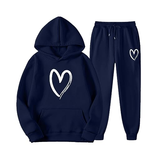 Laufsachen Set Damen Herbst-Leicht-Sweatsuit-Set für Herren und Damen, übergroß, langärmelig, Kapuzenpullover, Sweatshirt, Trainingsanzug, Jogger, Jogginghose Hosenanzug Damen Kurze Hose (a-Navy, M) von iOoppek