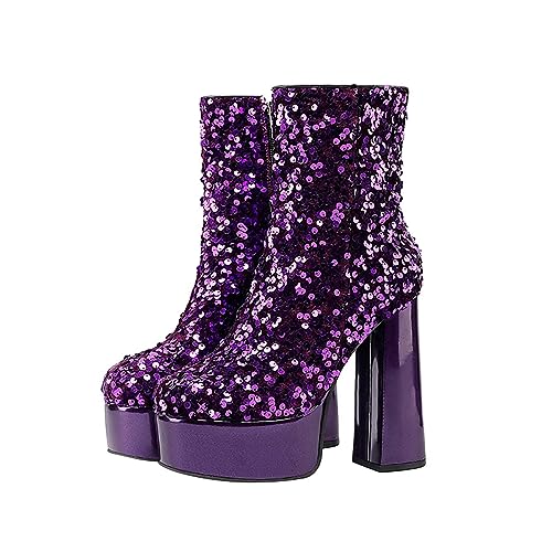 iOoppek Damen 42 Absatz Pailletten Chunky High Heel Kurze Stiefel Absatz Mittelkalb Stiefel Damen Sexy 42 (Purple, 40) von iOoppek