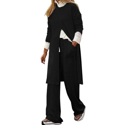 iOoppek Damen Bekleidung Elegant Sweatsuit-Set, lässig, langärmelig, O-Ausschnitt, Oberteil, Weite Beine, Hosen, passende Sets Business Jogginganzug Damen (Black, L) von iOoppek