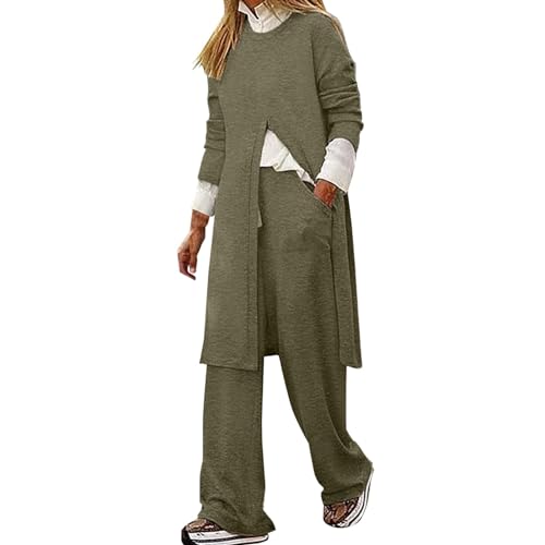 iOoppek Damen Bekleidung Elegant Sweatsuit-Set, lässig, langärmelig, O-Ausschnitt, Oberteil, weite Beine, Hosen, passende Sets Business Jogginganzug Damen (AG, L) von iOoppek