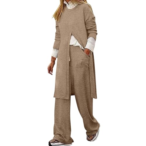 iOoppek Damen Bekleidung Elegant Sweatsuit-Set, lässig, langärmelig, O-Ausschnitt, Oberteil, weite Beine, Hosen, passende Sets Business Jogginganzug Damen (Khaki, L) von iOoppek