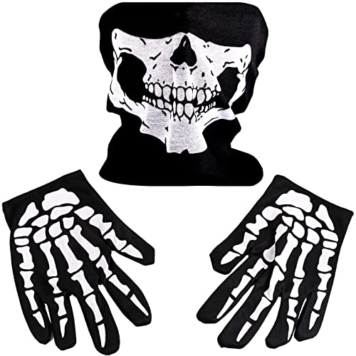 iPobie Weißes Skelett Handschuhe, Skelett Maske Halloween, Schädel Gesichtsmaske und 1 Paar Lange Gloves mit Skeleton Pattern Motorrad Totenkopf Maske für Halloween Fasching Cosplay Kostüm Karneval von iPobie