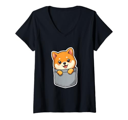 Damen Kawaii Cute Shiba Inu in der Tasche T-Shirt mit V-Ausschnitt Damen Kawaii Cute Shiba Inu in der Tasche T-Shirt mit V-Ausschnitt von iPocketX