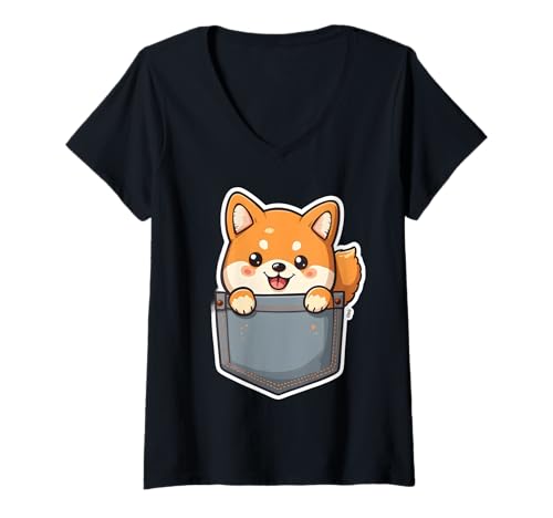 Damen Kawaii Cute Shiba Inu in der Tasche T-Shirt mit V-Ausschnitt von iPocketX