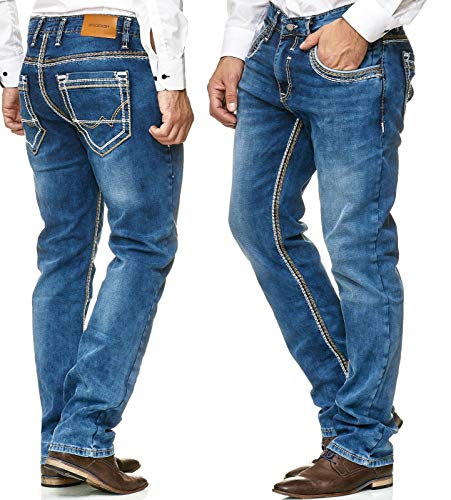 iProfash Dicke Naht Herren Jeans Hose Washed Straight Cut Regular Stretch GRAU BLAU W29-W38 (5179. Blau, W34/L32) von iProfash