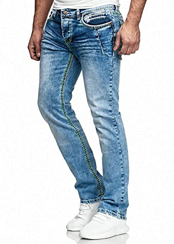 iProfash Herren Jeans Hose Washed Straight Cut Regular Stretch Blau Dicke Naht Schwarz Nähte (Blau-Grün, W34/L32) von iProfash