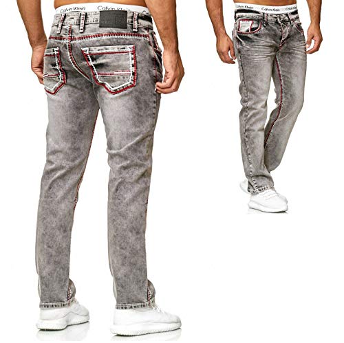 iProfash Herren Jeans Hose Washed Straight Cut Regular Stretch Neu (Grau-Rot, W30/L32) von iProfash