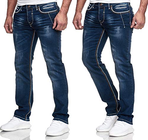 iProfash Jeans NAHT Hose Washed Straight Cut Regular Stretch Dicke NÄHTE (W29/L32, BLAU) von iProfash