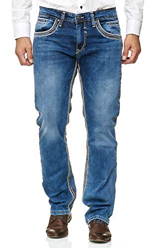 iProfash NEU Herren Jeans Hose Washed Straight Cut Regular Stretch Dicke Nähte (BLAU, W33/L32) von iProfash
