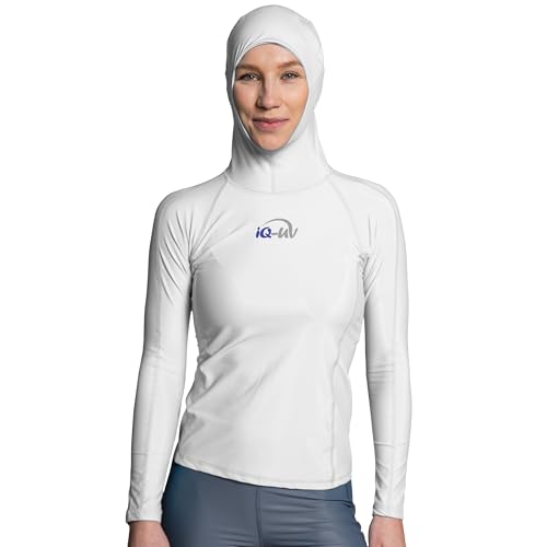 iQ-UV Hoodie Sportshirt Damen Langarm Weiß L – UV Shirt für Damen für Wasser & Sport – Rash Guard mit UV-Schutz – Kapuzenshirt Langarm Sportshirt für Frauen – Ideal zum Schnorcheln und Schwimmen von iQ-UV
