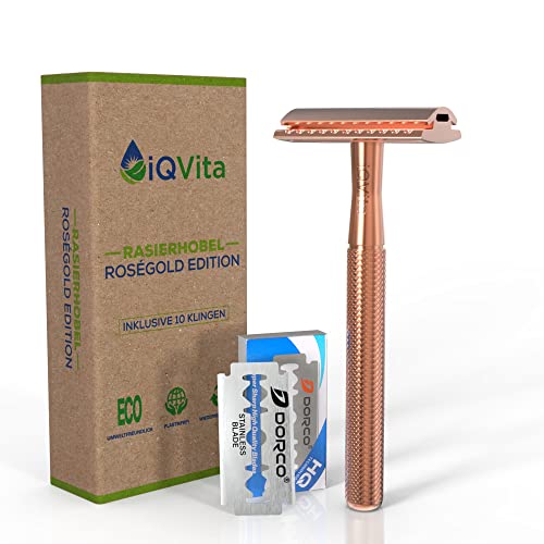 iQVita® - Rasierhobel - Rosegold - inkl. 10 Rasierklingen - Rasierhobel Damen - Safety Razor - Eco Rasierer Metall - Sicherheitsrasierer - Umweltfreundlich & Nachhaltig - Zero Waste - inkl. eBook von iQVita