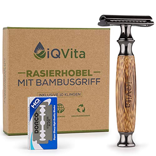 iQVita® Premium Rasierhobel mit Griff aus Bambus - inkl. 10 Rasierklingen - für Damen und Herren – Nassrasierer - geschlossener Kamm - Umweltfreundlich & Nachhaltig - Zero Waste - inkl. eBook von iQVita