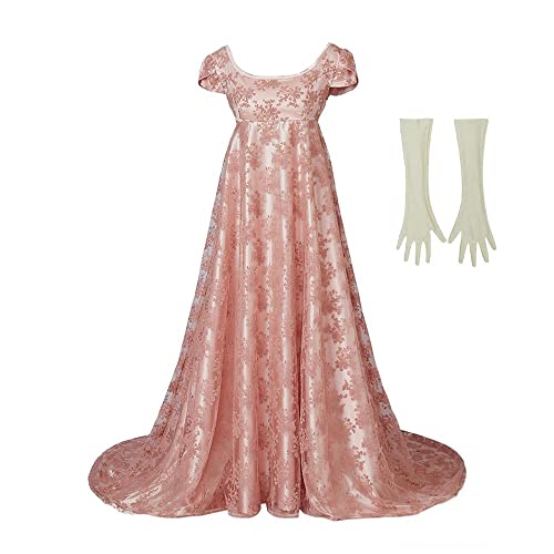 Edwina Sharma Kleid Regency Kleid Damen Highwaiste Linie Blumenkleid mit Handschuhen, Pink, X-Klein von iSHOWcos