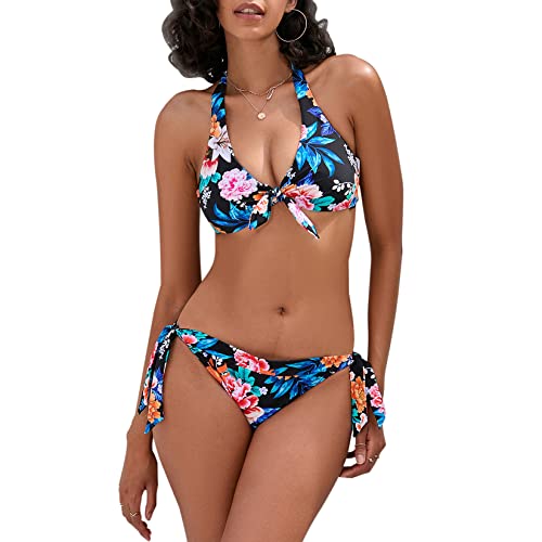 iSLASISIA Damen-Badeanzüge, zweiteilig, vorne zum Binden, Blumendruck, Push-Up-Halter, Bandage, Bikini mit Seitenbindung (Schwebende Blumen & Schwarz3, EU42) von iSLASISIA