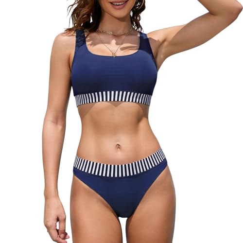 iSLASISIA Damen Sport Badeanzüge Zweiteiliger Crop Top Gerippter Bikini mit frechem Unterteil（Dunkel Blau,EU38） von iSLASISIA