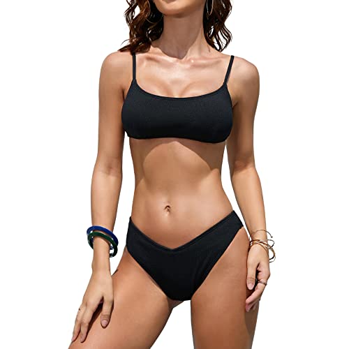 iSLASISIA Damen Sport Badeanzüge Zweiteiliger Crop Top Gerippter Bikini mit frechem Unterteil(Schwarz,EU40) von iSLASISIA