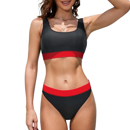 iSLASISIA Damen Sport Badeanzüge Zweiteiliger Crop Top Gerippter Bikini mit frechem Unterteil（Schwarz & Rot,EU42） von iSLASISIA