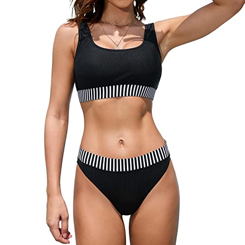 iSLASISIA Damen Sport Badeanzüge Zweiteiliger Crop Top Gerippter Bikini mit frechem Unterteil(Schwarz & Streifen,EU44) von iSLASISIA