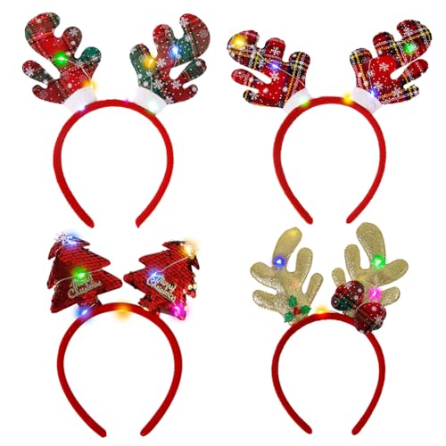 4pcs Weihnachts Stirnband mit LED Weihnachtsbaum Geweih Haarreif Weihnachts Santa Kopfschmuck Weihnachtsgeweih Haarbänder mit LED Weihnachtsmann Kopfbedeckung Geweih Stirnband mit LED von iSpchen