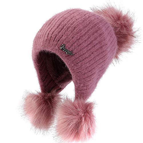 Super Warme Hairy Ball Ohrenschützer Winter Strickmütze Gestrickt Verdicken Hut Warme Wintermütze Beanie Häkeln Stricken Hut Warm Wollmütze Feinstrick Freien Mütze Kappe Damen Mädchen,Rose rot von iSpchen