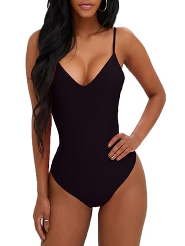 iSpchen,Damen Badeanzug V-Ausschnitt Stück Bikini Farbloses Rückenfreies Design für Poolside Mode,Schwarz L von iSpchen