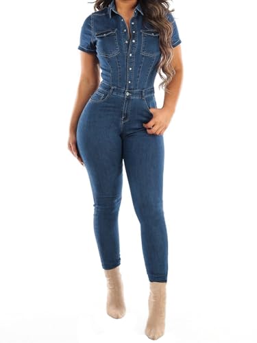 iSpchen,Damen Denim Romper Bequemer Lässiger Jumpsuit Skinny Jeans Stil in voller Länge,Blau XXL von iSpchen