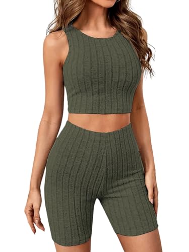 iSpchen,Damen Loungewear Set Ärmelloses Polyester Pyjama Lässig mit hoher Taille in Schwarz,Armeegrün XXL von iSpchen