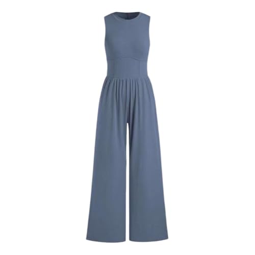 iSpchen,Damen Overall 2024 Einfarbig ärmellos Overall mit hoher Taille und weiten Beinen,Blau S von iSpchen