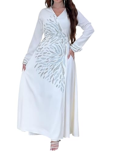 iSpchen,Damen Satin Robe Verziert Langes Abaya XQY500177 Kaftan Mittleröstliche Mode Ärmel Abendkleid,Weiß XXL von iSpchen