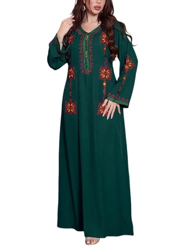 iSpchen,Damen Sommer 2024 Maxikleid AB338 Stickdetail Abaya Ethnischer Tribal Langer Mantel in Grün,Grün XL von iSpchen
