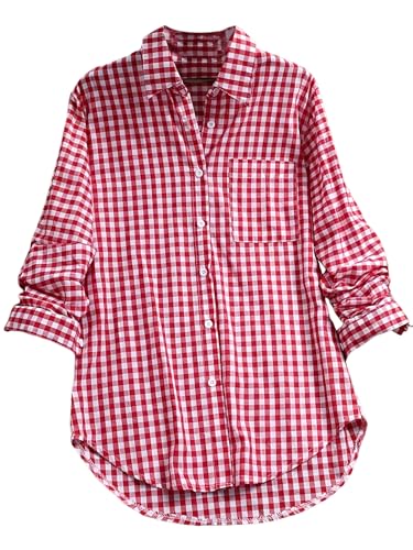 iSpchen,Damen Vintage Hemd Karo Muster Retro Bluse Mit Knöpfen Langarm Eleganter Look,Rot XXL von iSpchen