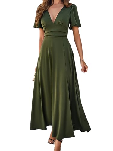 iSpchen,Frauen Kleid Frühling 2024 V-Ausschnitt Eleganz Robe Midi Plissierte Silhouette,Armeegrün XL von iSpchen