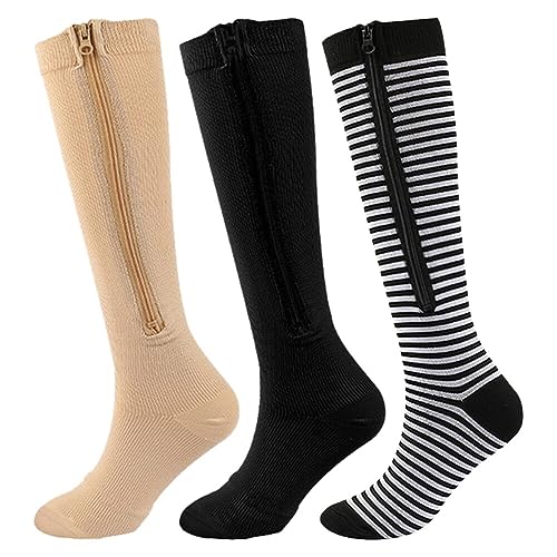 iSpchen 3 Paar Kompressionsstrümpfe Damen und Herren Kompressionssocken Stützstrümpfe Compression Socks Laufstrümpfe Kompression elastische Socken Laufsportsocken Zehensocken mit Reißverschluss XXL von iSpchen