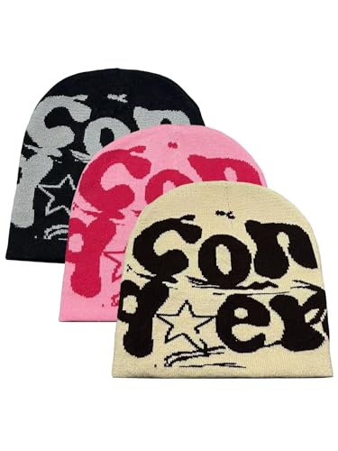 iSpchen 3 Stück Weiche Strickmütze Unisex Wintermütze Winter Y2K Beanie mit Buchstabendruck Skimütze,Schwarz+Rosa+Beige von iSpchen