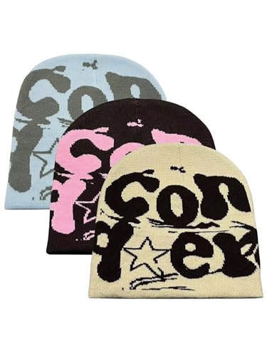 iSpchen 3 Stück Weiche Strickmütze Unisex Wintermütze Winter Y2K Beanie mit Buchstabendruck Skimütze,hellblau+Kaffee+beige von iSpchen