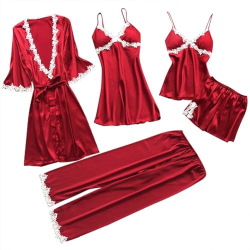 iSpchen 5PCS Damen Nachtwäsche Pyjama Set Spitzenbesatz Satin Cami Sleepwear Robe Spaghetti Träger Sleepwear Bademantel Negligee Pyjamahose Lingerie Nachthemd Dessous Schlafhemd Rot S von iSpchen