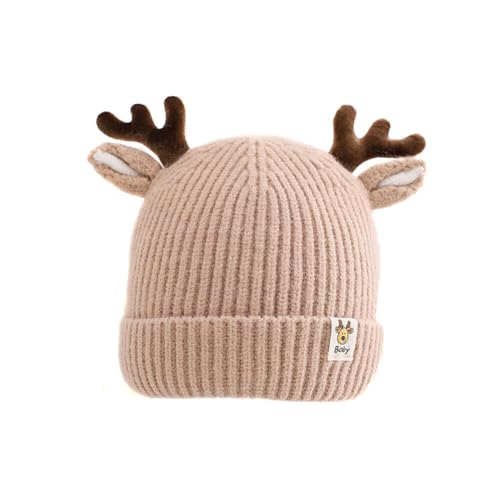 iSpchen Baby Wintermütze Jungen Mädchen Warmer Strickmützen Weicht Baumwolle-Futter mit Geweih Winter Babymütze Neugeborene Mütze Beanie Baumwolle Unisex Erstlingsmütze 8 Monate-4 Jahre alt Beige von iSpchen