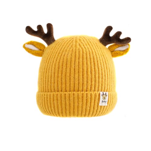 iSpchen Baby Wintermütze Jungen Mädchen Warmer Strickmützen Weicht Baumwolle-Futter mit Geweih Winter Babymütze Neugeborene Mütze Beanie Baumwolle Unisex Erstlingsmütze 8 Monate-4 Jahre alt Gelb von iSpchen